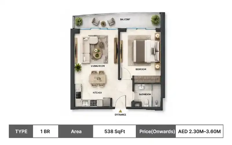 Danube Shahrukhz Residences 1 BR floor plan, 538 sq ft area