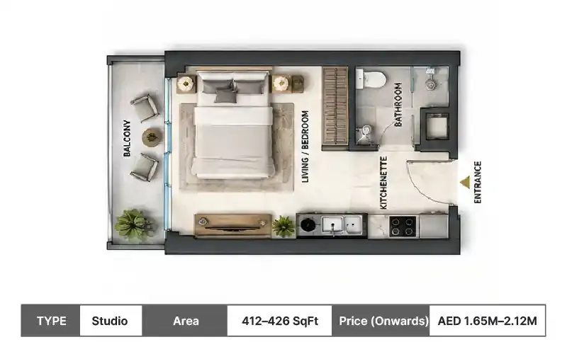 Danube Shahrukhz Residences Studio floor plan, 412 sq ft area